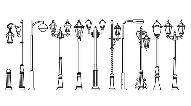 Collection of vintage street lamp posts in black and white illustration.