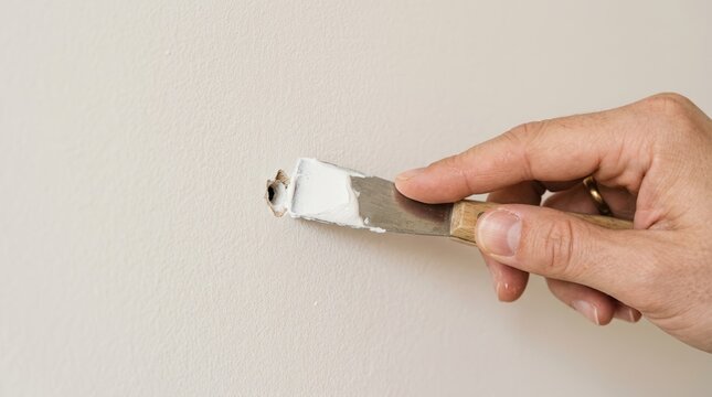 Man repairing a small hole in a wall with spackle and putty knife representing home improvement and DIY maintenance