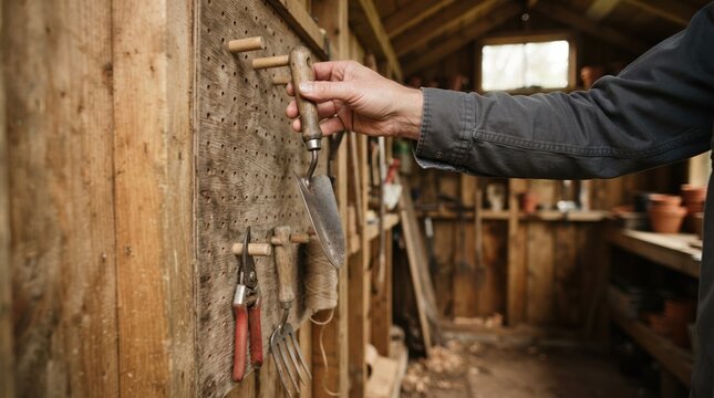 Middle-aged man organizing garden tools on a pegboard inside a rustic wooden shed for a landscaping project