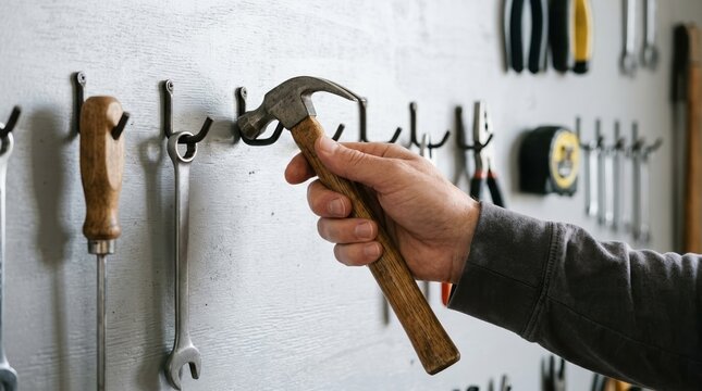 A man taking a hammer from a workshop tool wall, representing organization and DIY projects.