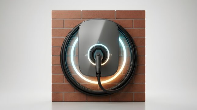 Residential electric vehicle charger mounted on brick wall representing home sustainable energy integration and smart transportation
