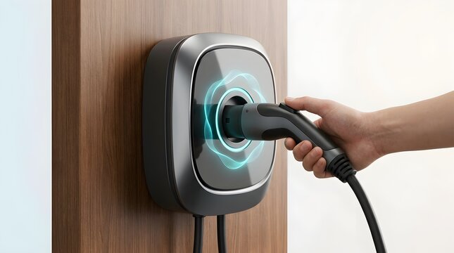 Hand plugging electric car charging cable into smart wallbox illustrating transition to zero emission sustainable lifestyle