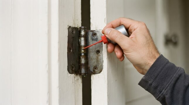Lubricating a squeaky metal door hinge with oil to stop noise and perform home maintenance