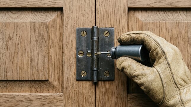 Lubricating a squeaky metal door hinge on a wooden cabinet with oil from a small squeeze bottle