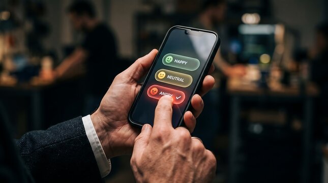 A close-up of a person using a smartphone to select an angry emotional feedback rating option on a digital customer satisfaction interface survey.
