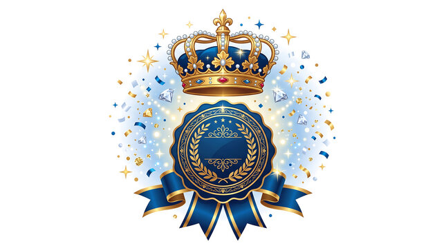 Royal Crown and Badge with Blue Ribbons and Gold Accents.