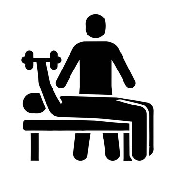 Minimalist pictogram of two people performing a dumbbell bench press exercise with a spotter for support in a gym workout fitness concept