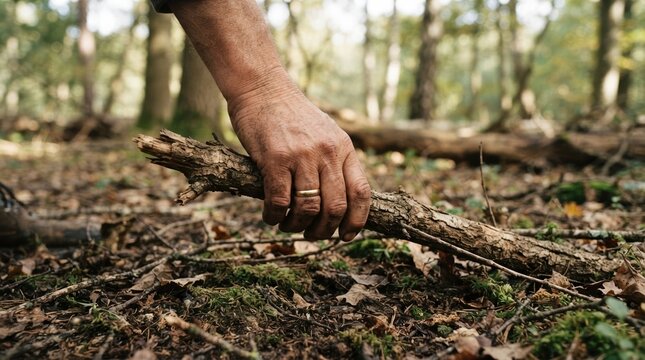 Elderly man picking up a wooden stick in the forest, representing outdoor activity and nature exploration