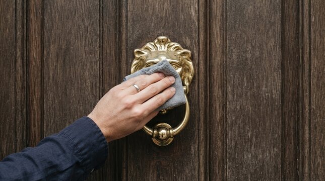 Person cleaning and disinfecting a brass lion door knocker on a dark wooden door representing hygiene and home maintenance