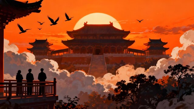 Silhouetted figures observe ancient Chinese palace complex at sunset with flying birds and clouds framing the scene