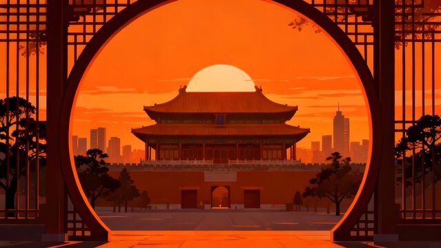 Traditional Chinese palace gate framed by circular archway with setting sun and modern city skyline in background
