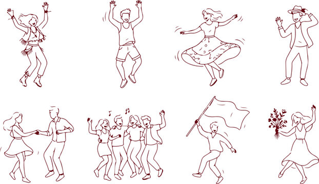 Diverse group of people dancing and celebrating in a joyous and energetic doodle style.