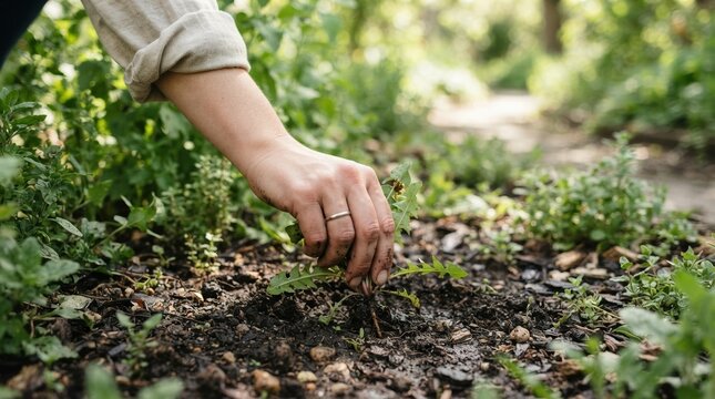 Close-up of a Caucasian woman weeding in a garden, pulling out weeds by hand to maintain healthy soil and plants