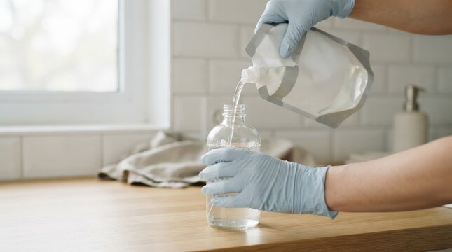 Person wearing protective gloves refilling a glass bottle with liquid soap from a refill pouch in a modern kitchen