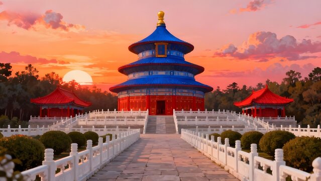 Temple of Heaven's Hall of Prayer for Good Harvests at sunset blue-tiled roof red walls white balustrades and orange-pink sky