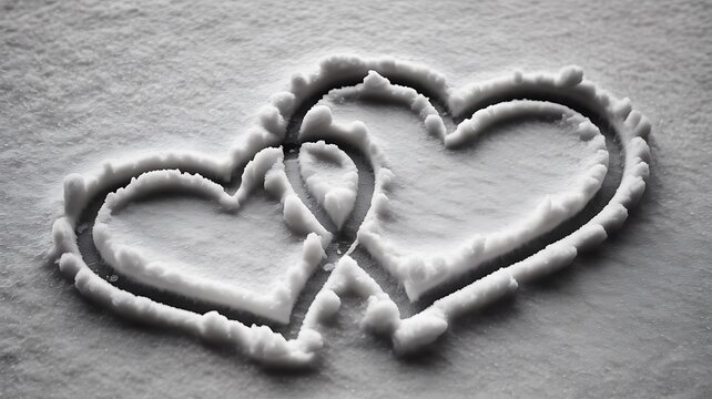 Two interlocking heart shapes carved in snow symbolizing love, romance, and emotional connection in winter