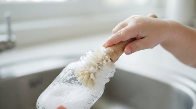 Toddler cleaning glass baby bottle with wooden brush in kitchen sink