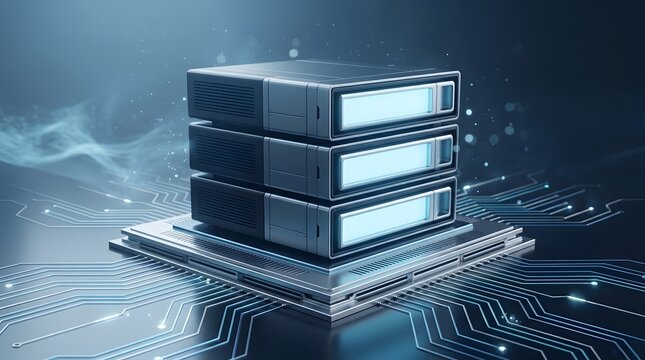 Secure data center storage drives on electronic circuit representing enterprise database solutions and network processing