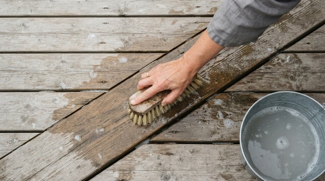 Woman scrubbing a wooden deck with a brush and soapy water in a bucket for spring cleaning