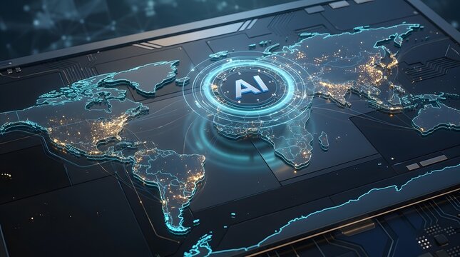 Global artificial intelligence network map with glowing connections representing worldwide digital transformation and machine learning