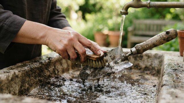 Middle-aged woman washing muddy garden trowel with brush under tap water outdoors