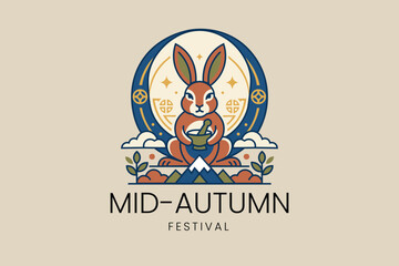 Mid-Autumn Festival jade rabbit pounding medicine with mortar and pestle vector badge design © Pixel Perfect