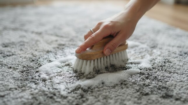 Woman hands scrubbing grey carpet with soapy water and brush to clean stains at home