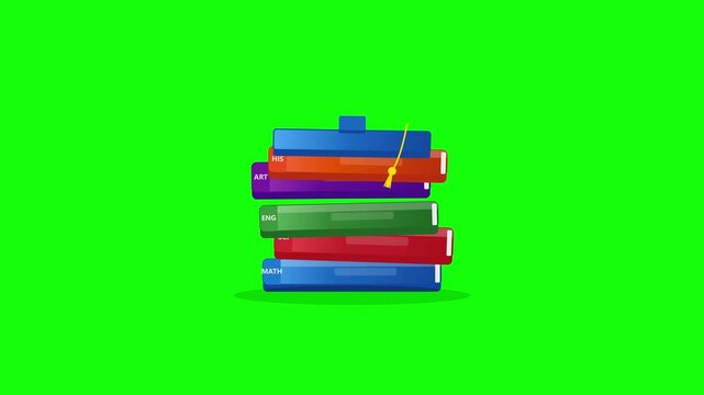 3D clay stack of colorful books animation on green screen. Graduation mortarboard cap popping on top with glowing lightbulb for education and study progression. Chroma key clip template in 4k