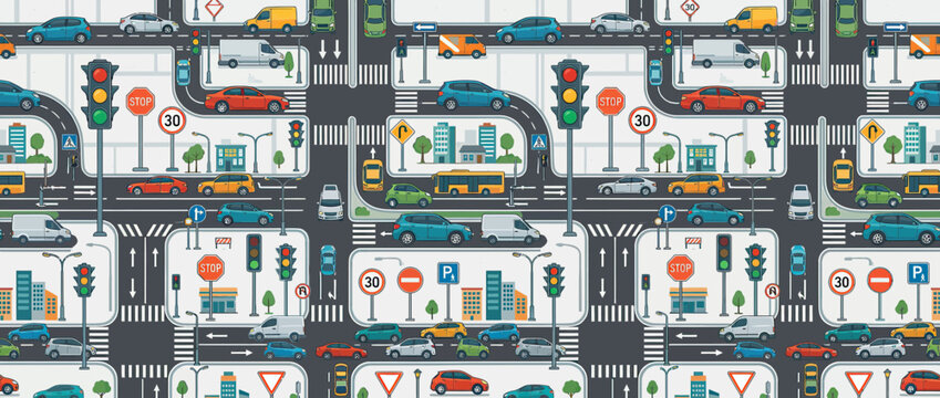 Busy City Intersection with Cars and Traffic Lights