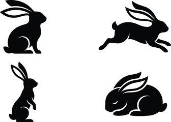 Black Rabbit Silhouette Vector Set Featuring Running Sitting Standing and Sleeping Jackrabbit Stencils for Easter Crafts and Wildlife Logo Designs © Protima