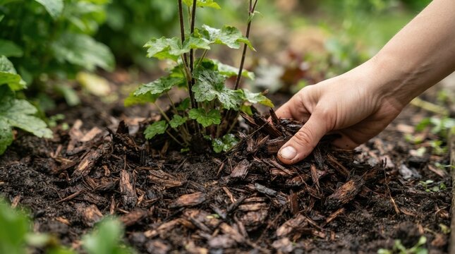Gardener applying wood mulch around a young plant in a home vegetable garden for soil moisture and weed control