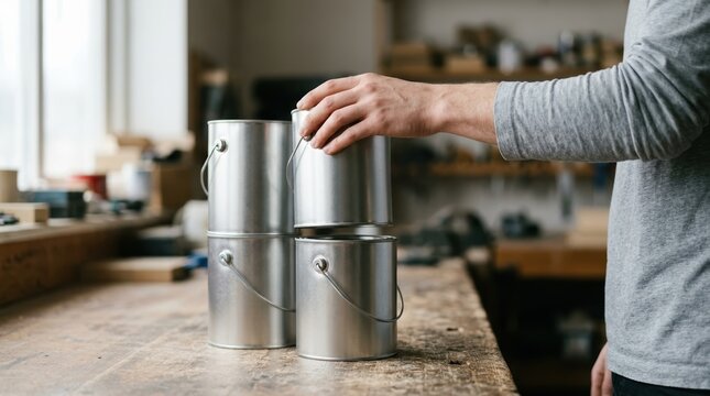 A male worker stacking metal paint cans on a wooden workbench in a workshop