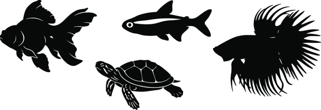 Aquarium Pet Silhouette Vector Set Featuring Detailed Black Icons of Goldfish, Neon Tetra Fish, Small Turtle, and Crowntail Betta Fish for Aquatic Designs