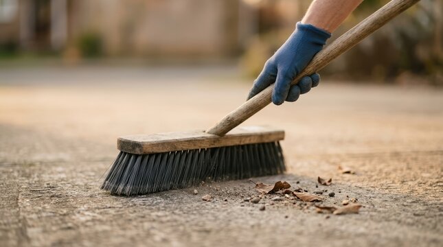 A person sweeping outdoor concrete pavement with a traditional wooden broom