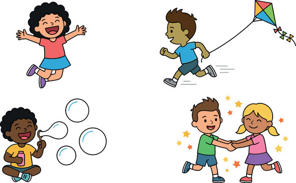 Kids Playground Active Recreation and Birthday Party Games Clipart Collection Vector Featuring Flat Cartoon Multi Ethnic Children Kite Flying Soap Bubbles Blowing Wand and Star Sparkles Elements