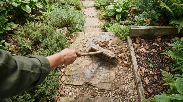 Person sweeping dry leaves from a stone garden path with a broom, outdoor yard maintenance and landscaping work