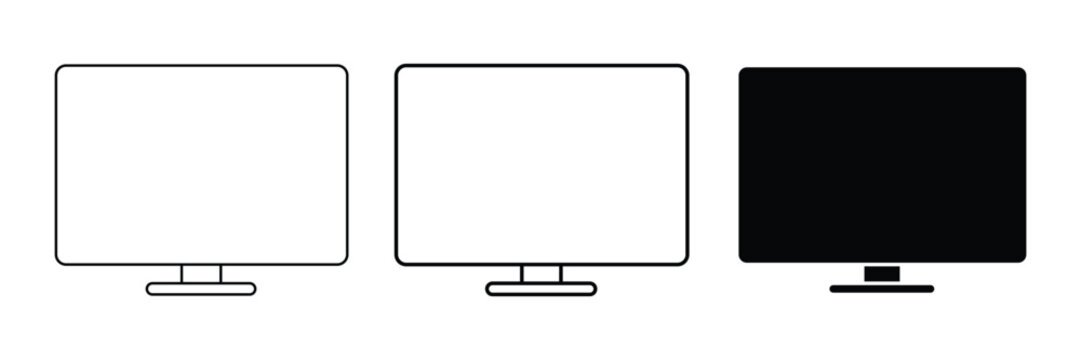 Computer Monitor Icon Set &ndash; Desktop Display Screen, PC Monitor, Digital Workspace, Technology Device, Outline & Silhouette Vector Collection