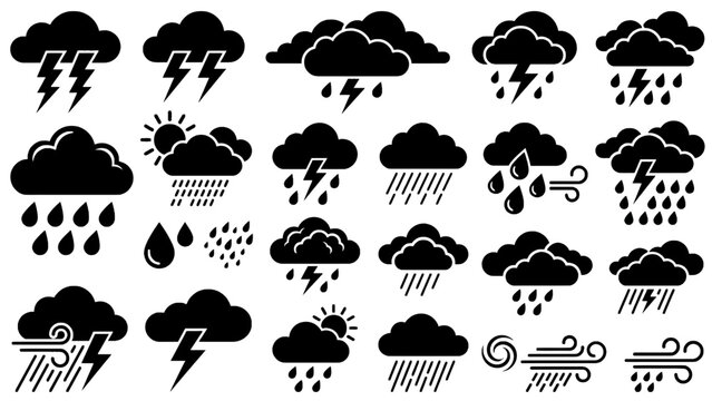 Collection of black weather icons with rain vector symbols, thunderstorms, clouds, and wind