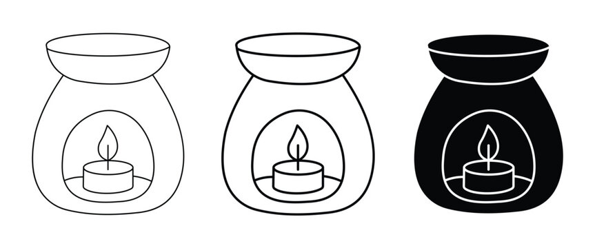 Aroma Oil Burner Icon Set &ndash; Essential Oil Diffuser, Scented Candle Warmer, Spa Aromatherapy Lamp, Outline & Silhouette Vector Collection