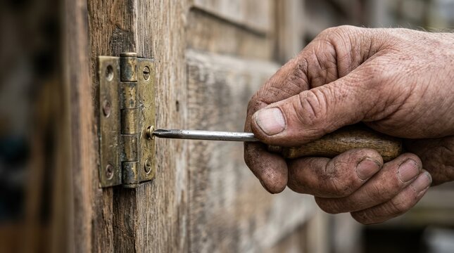 Close up of an adult caucasian man fixing a brass hinge on an old wooden door with a screwdriver