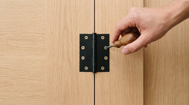 Person tightening a screw on a black door hinge with a wooden screwdriver