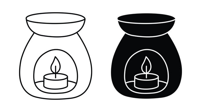 Aroma Oil Burner Icon Set &ndash; Essential Oil Diffuser, Scented Candle Warmer, Spa Aromatherapy Lamp, Outline & Silhouette Vector Collection