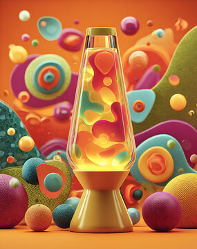 Colorful Retro Lava Lamp With Vibrant Abstract Shapes Floating On A Warm Orange Background