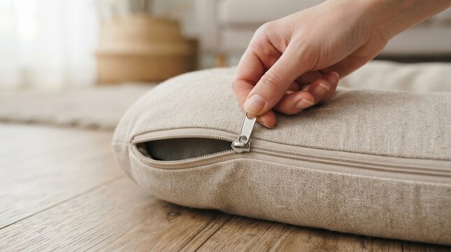 Hand unzipping a beige linen dog bed cover for washing, pet accessory maintenance