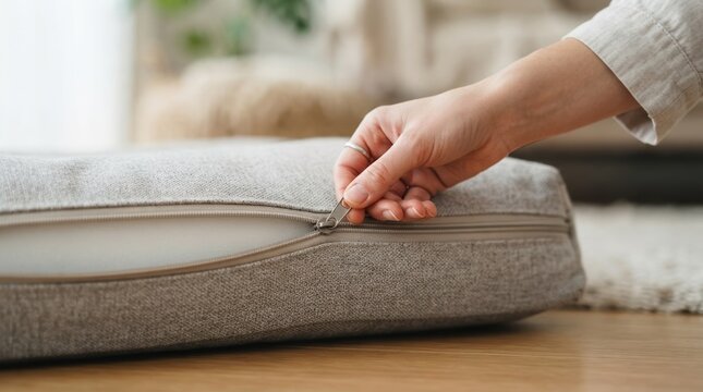Close up of a woman hand unzipping a grey fabric cushion cover to remove the foam inside for washing