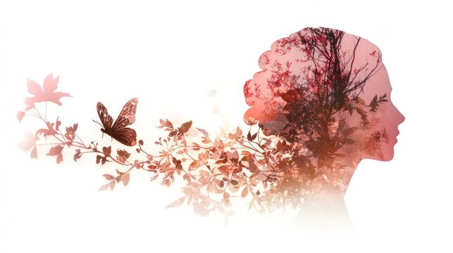 Nature's Embrace on the Mind: A profile silhouette intertwined with blossoming trees and delicate butterflies, symbolizing the harmonious connection between the human mind and the natural world.