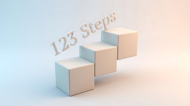 A 3d rendered visualization of 123 steps represented by three floating white cubes on a soft gradient background showcasing progression and development