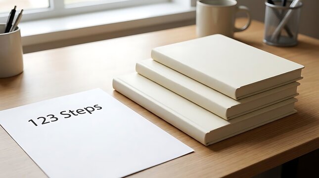 A stack of minimalist blank notebooks and a document labeled 123 steps resting on a tidy wooden office desk, representing structured planning processes.