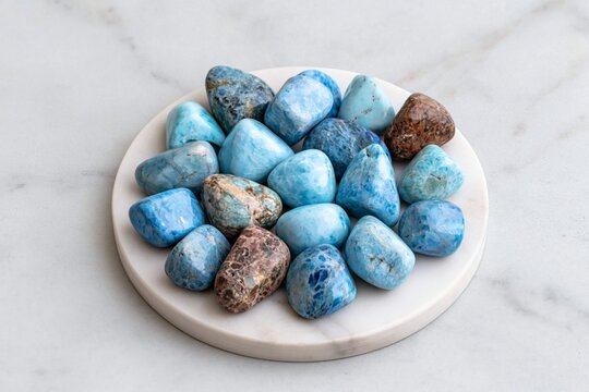 Healing crystals and spiritual wellness larimar and blue apatite tumbled stones on marble for meditation and energy