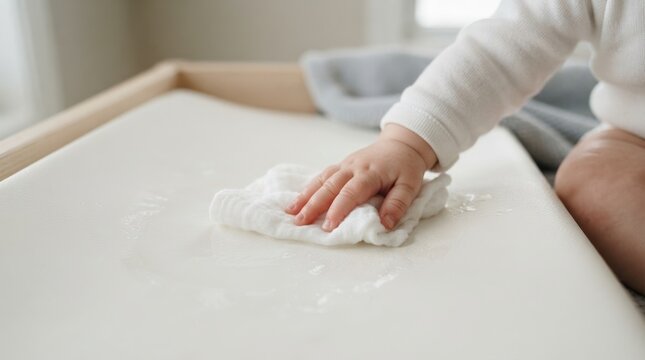 Baby wiping and cleaning a changing table with a white cloth representing hygiene and care routines